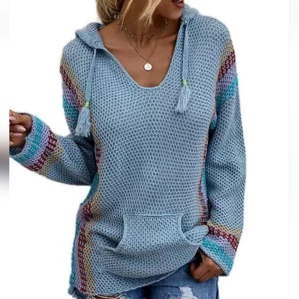 Boho Fairy Coastal Handmade Crochet Knit Hoodie Woman Lg Blue Granny Cottage Nwt